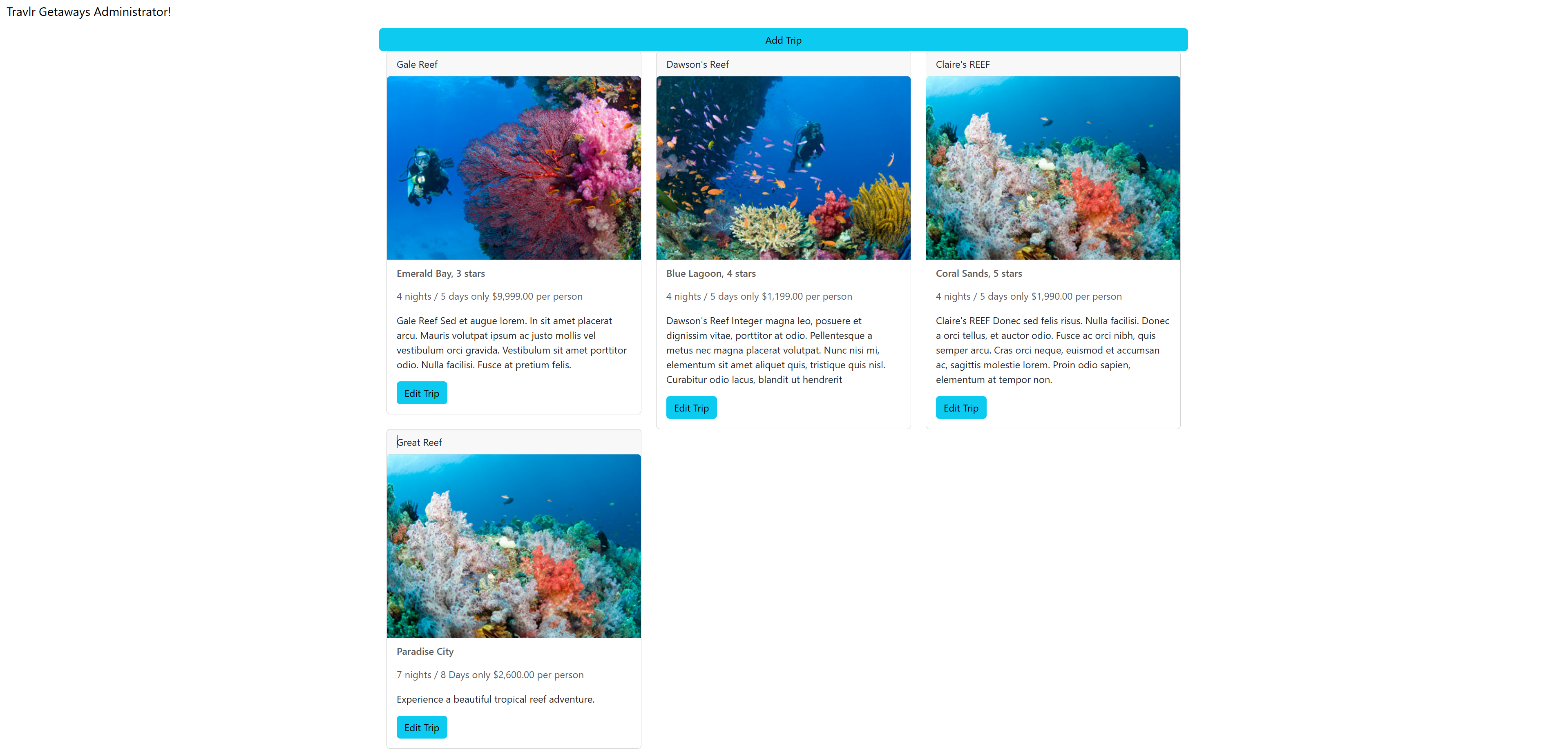 Travlr Getaways Angular administrative dashboard